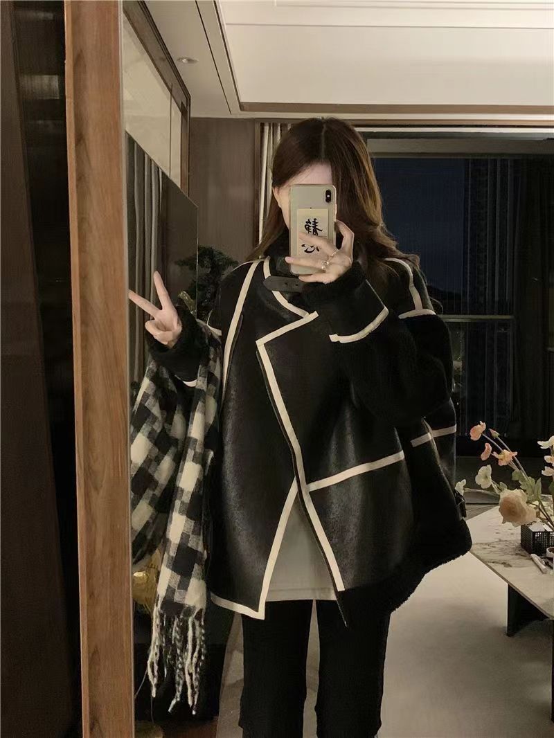 機車服女款冬款皮毛一體羊羔毛外套女2023年新款冬季網紅爆款夾克