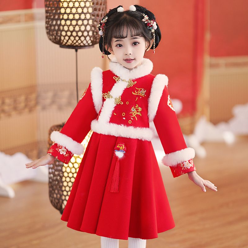 拜年服女童冬款唐裝漢服女寶龍年過年服兒童國風過年喜慶衣服年服