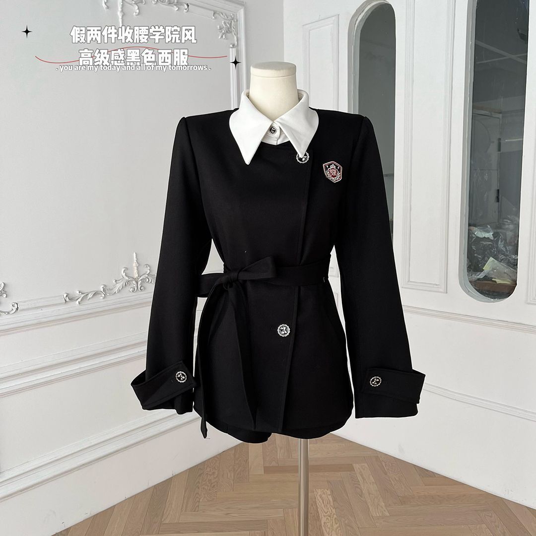 艾玲兒假兩件西裝外套女秋冬小個子收腰學院風高級感黑色西服套裝