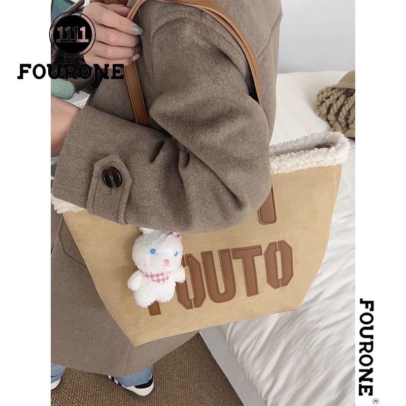 High-end plush bag with large capacity for class, new autumn and winter commuting versatile letter shoulder tote bag