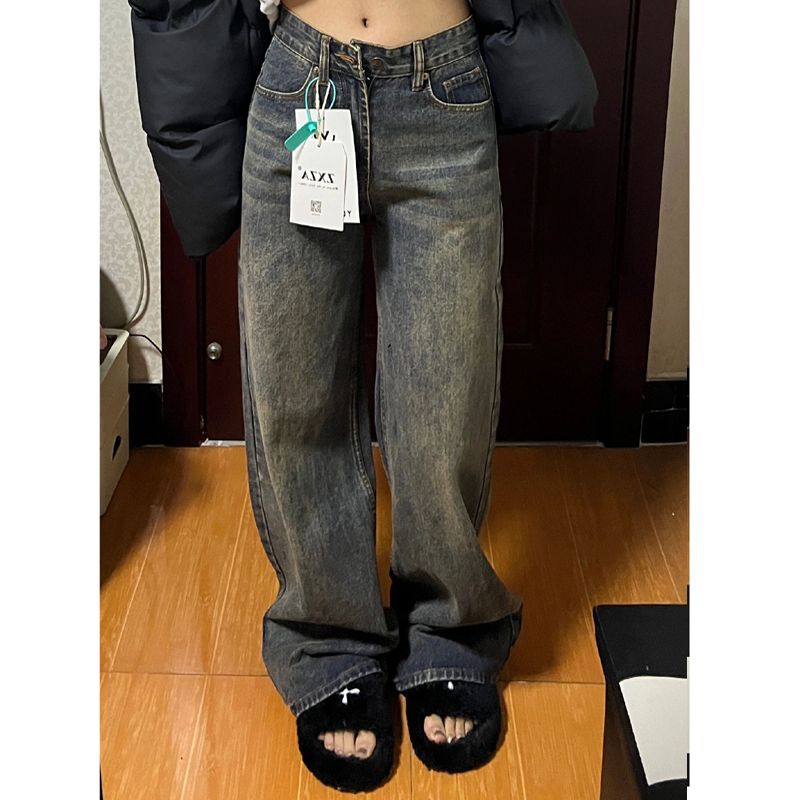 辣妹復古做舊直筒牛仔褲女小個子高腰寬鬆顯瘦闊腿拖地長褲子ins