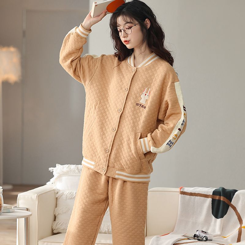 美拉德風薄夾棉外穿睡衣女秋冬季純棉夾層家居服三層空氣棉棒球服