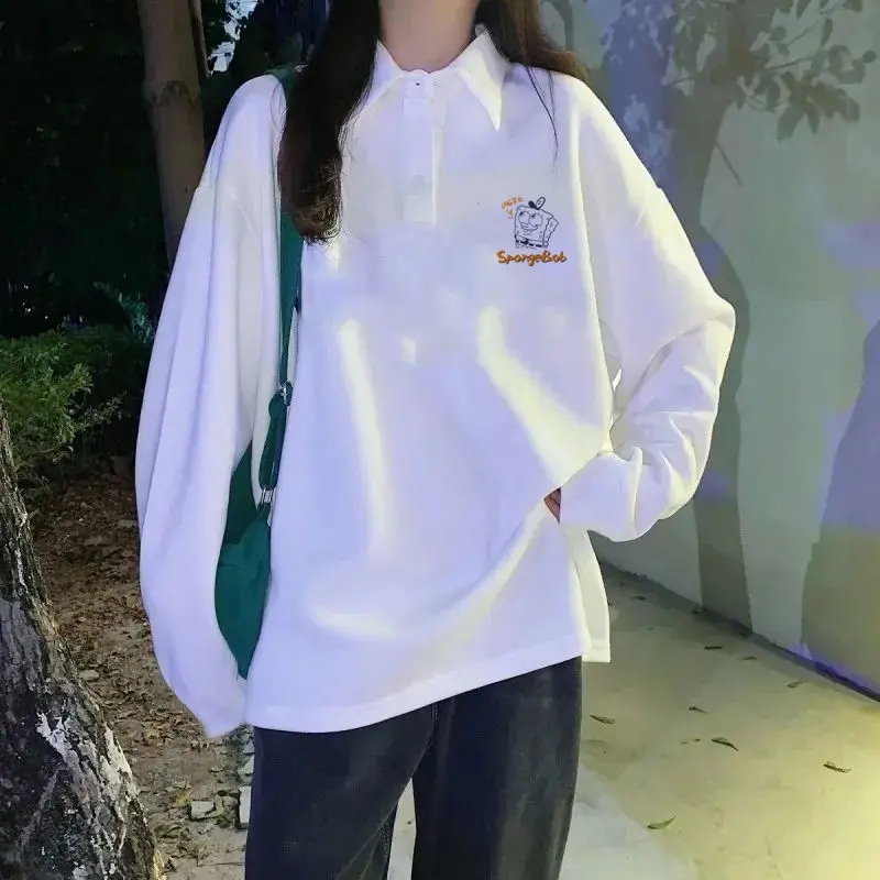 純棉POLO衫長袖t恤女秋港風ins潮寬鬆翻領長袖情侶百搭休閒上衣潮