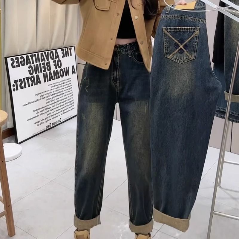 爆款推薦~小個子梨型身材歐貨哈倫牛仔褲女高腰顯瘦加絨老爹褲子