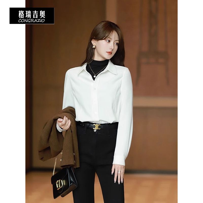 CONGRAZIO/格瑞吉奧加厚長袖純色襯衫女秋冬疊穿通勤法式簡約上衣