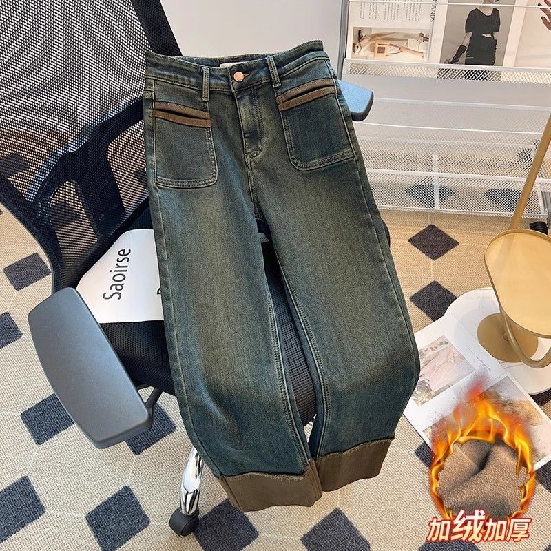 秋冬季磨毛小直筒九分褲女小個子顯瘦美拉德色加絨復古煙管牛仔褲