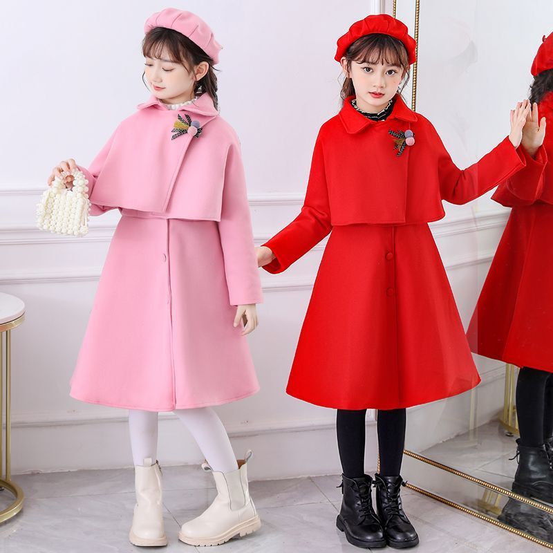 Girls' woolen dress suit, medium and large children's skirt, autumn and winter style long-sleeved Korean style woolen jacket three-piece set