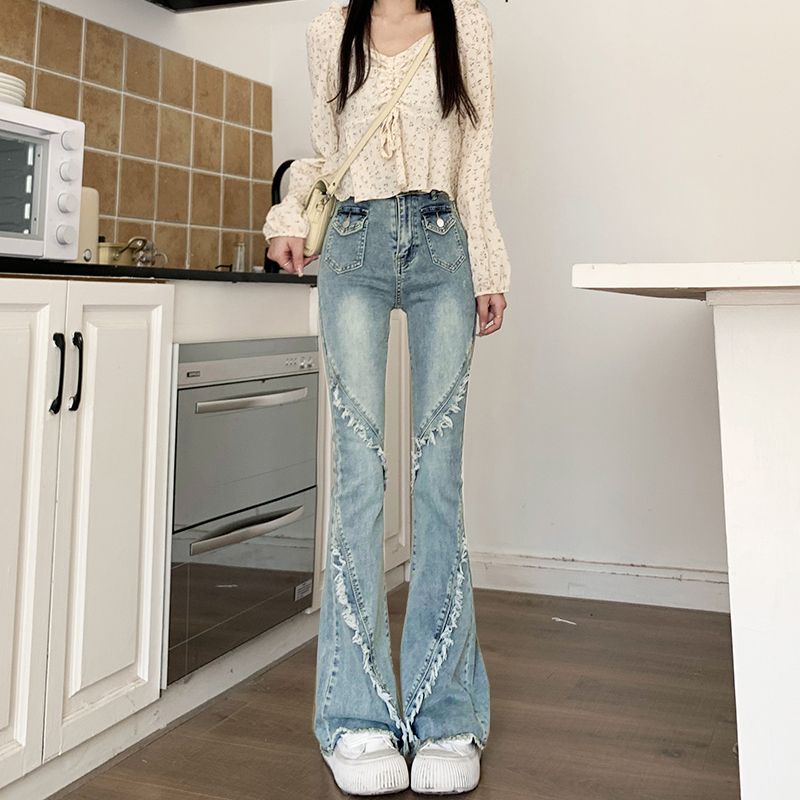 微喇牛仔褲女2023新款設計感小眾彈力馬蹄褲復古高腰喇叭褲子冬季