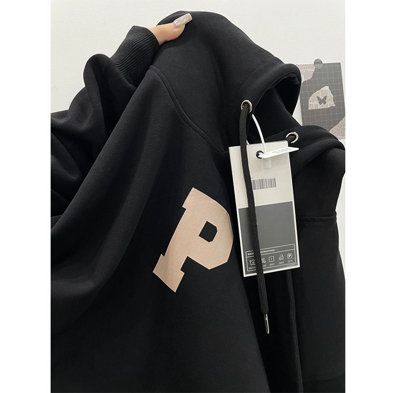 美式加絨連帽字母p衛衣黑色外套男秋冬季厚實寬鬆慵懶風情侶上衣