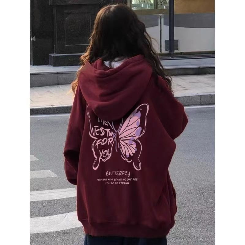 美式慵懶風hiphop連帽酒紅色衛衣女秋冬季寬鬆潮流加絨加厚外套