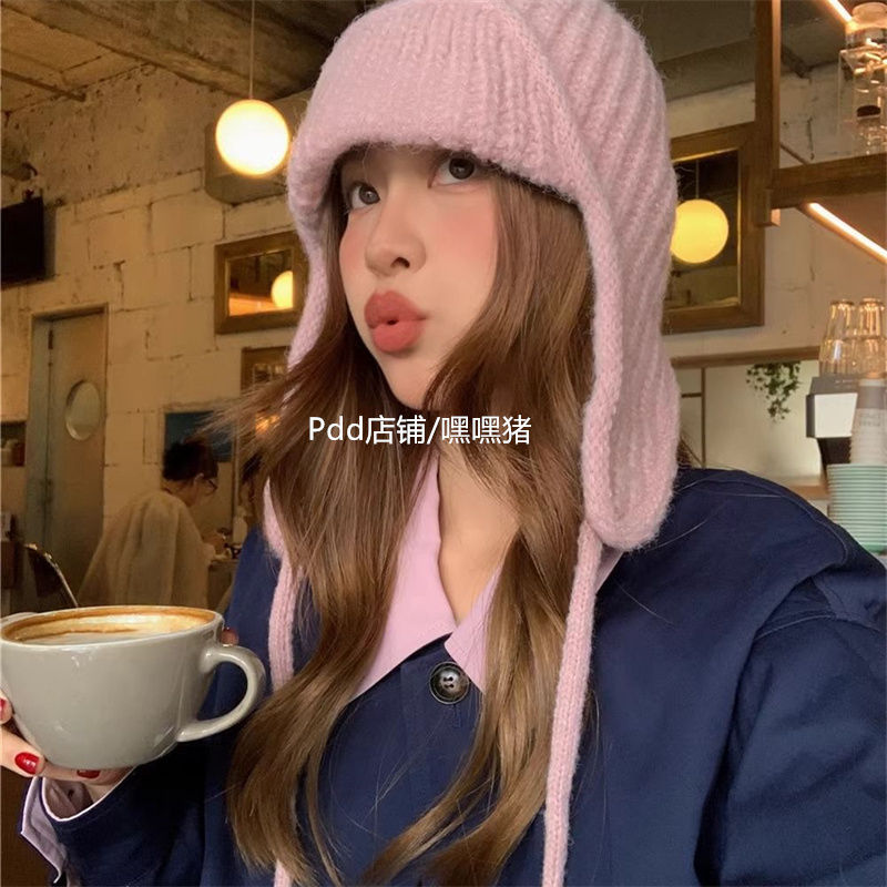 嘿嘿豬/韓系甜妹系帶護耳毛線帽純色針織顯臉加厚保暖防風飛行帽