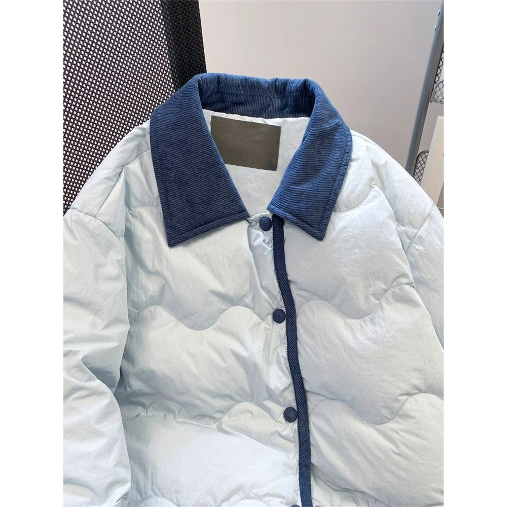 奶fufu蓝色灯芯绒拼接保暖棉服女小个子冬季日系加厚轻薄棉衣外套