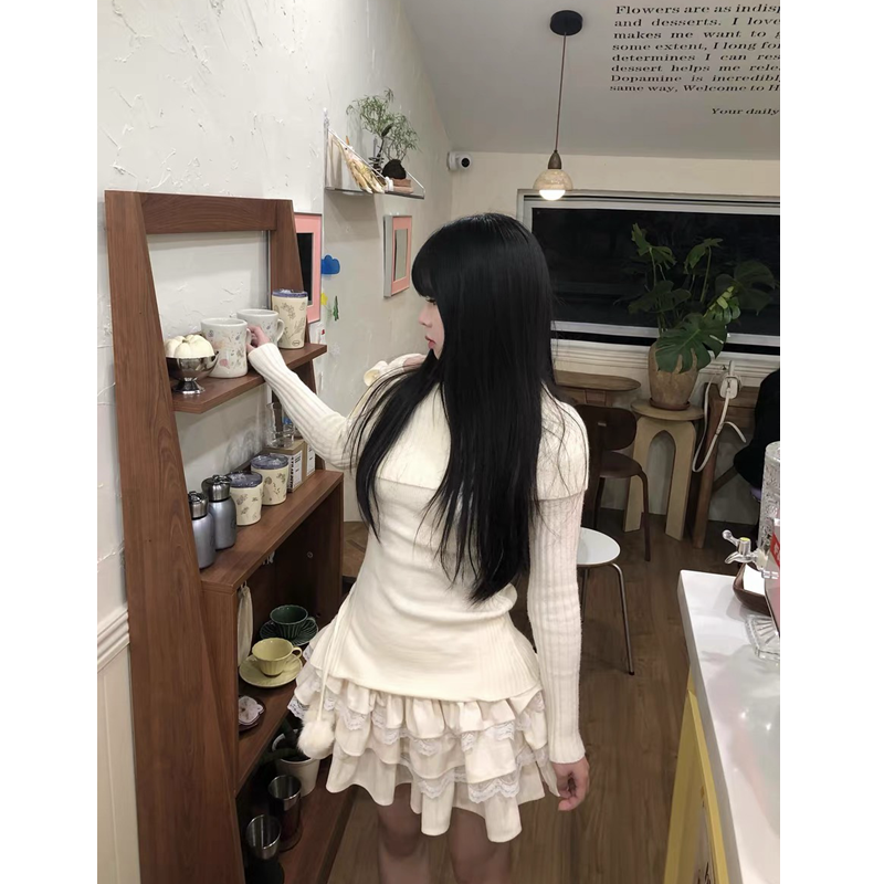 套裝女2023秋冬新款甜美修身一字肩蝴蝶結毛衣高腰蛋糕蓬蓬半身裙