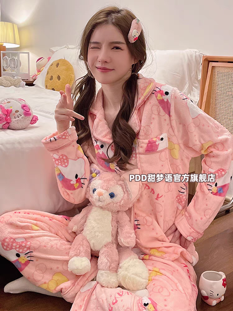 可愛凱蒂貓睡衣女冬季加厚珊瑚絨卡通少女風保暖法蘭絨家居服套裝