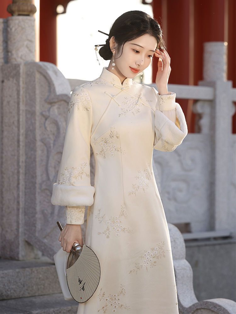 秋冬旗袍2023加絨加厚年輕款少女長袖復古風改良麂皮絨連衣裙冬季