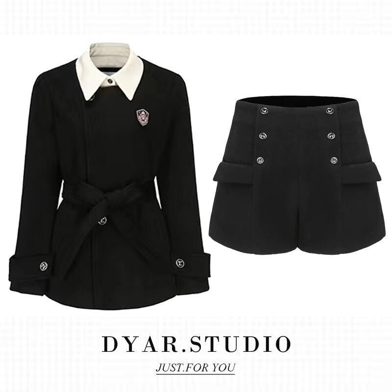 艾玲兒假兩件西裝外套女秋冬小個子收腰學院風高級感黑色西服套裝
