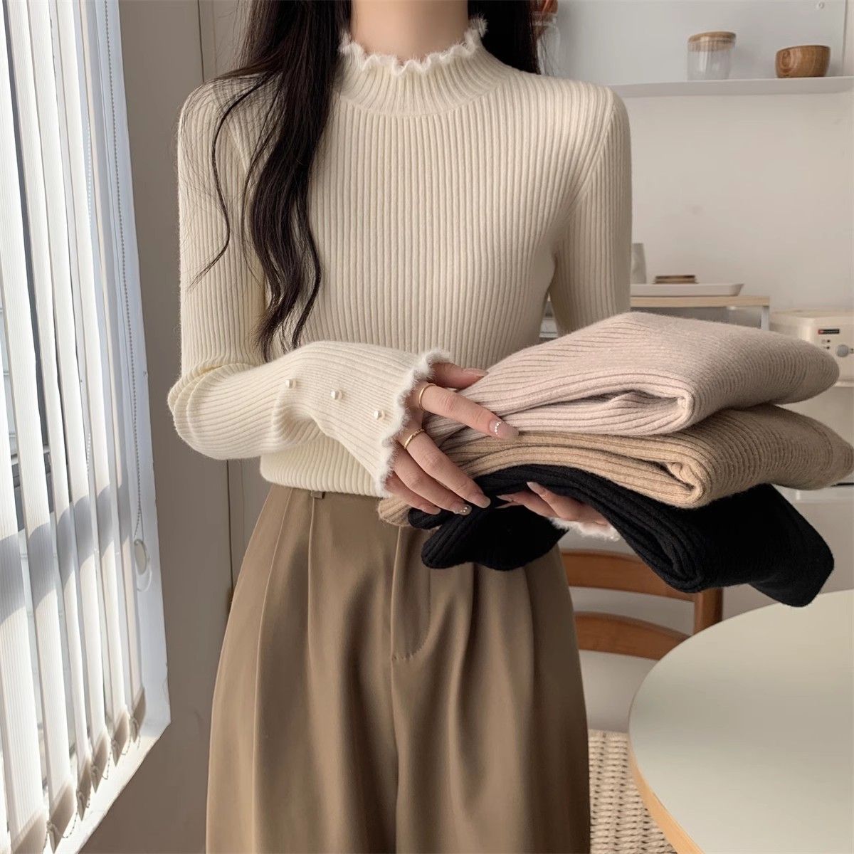 木耳邊半高領針織衫女秋冬2023新款韓版設計感內搭打底衫修身上衣