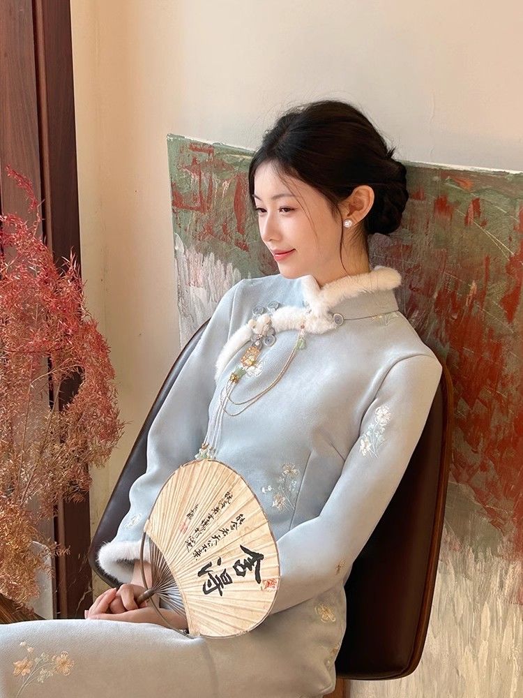 2023新款冬季加絨加厚旗袍藍色改良小個子少女年輕款長袖新中式女