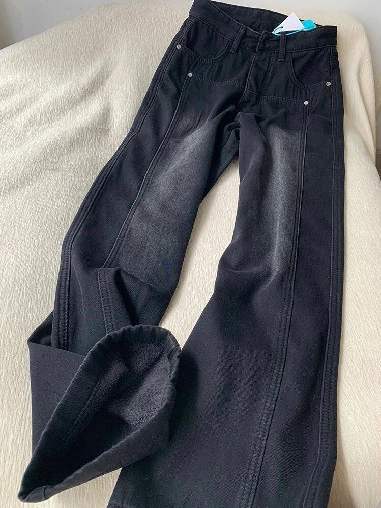 2-300斤黑灰色加绒加厚宽松直筒牛仔裤女秋冬新款高腰显瘦阔腿裤