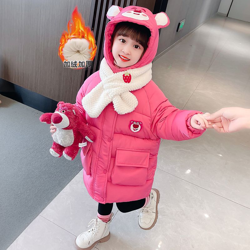 女小童冬裝加絨加厚外套新款兒童保暖棉服女孩棉襖秋冬草莓熊洋氣
