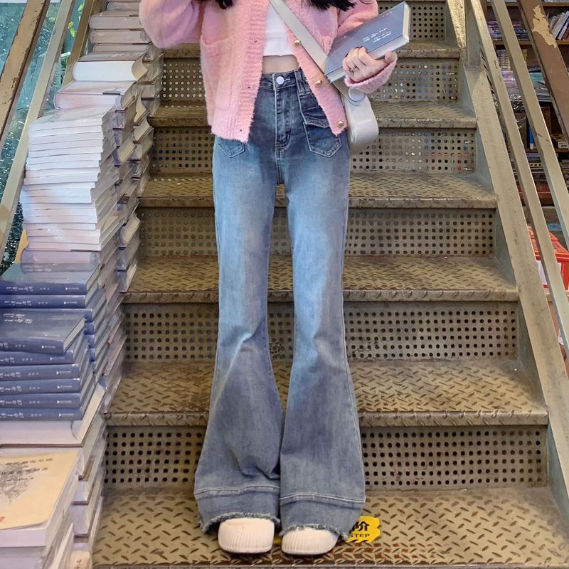 淺色做舊馬蹄牛仔褲女小個子高腰彈力微喇叭褲子修身直筒拖地長褲