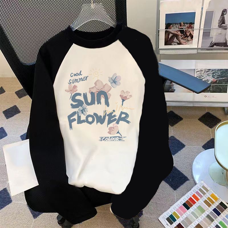 100% cotton raglan long-sleeved T-shirt for women, spring and autumn inner layering shirt, outer wear, loose right shoulder printed splicing top