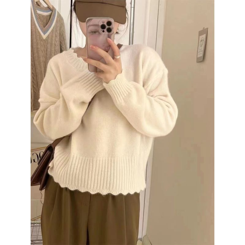 軟糯糯花邊領套頭毛衣女秋冬新款韓系寬鬆甜美簡約套頭針織衫上衣