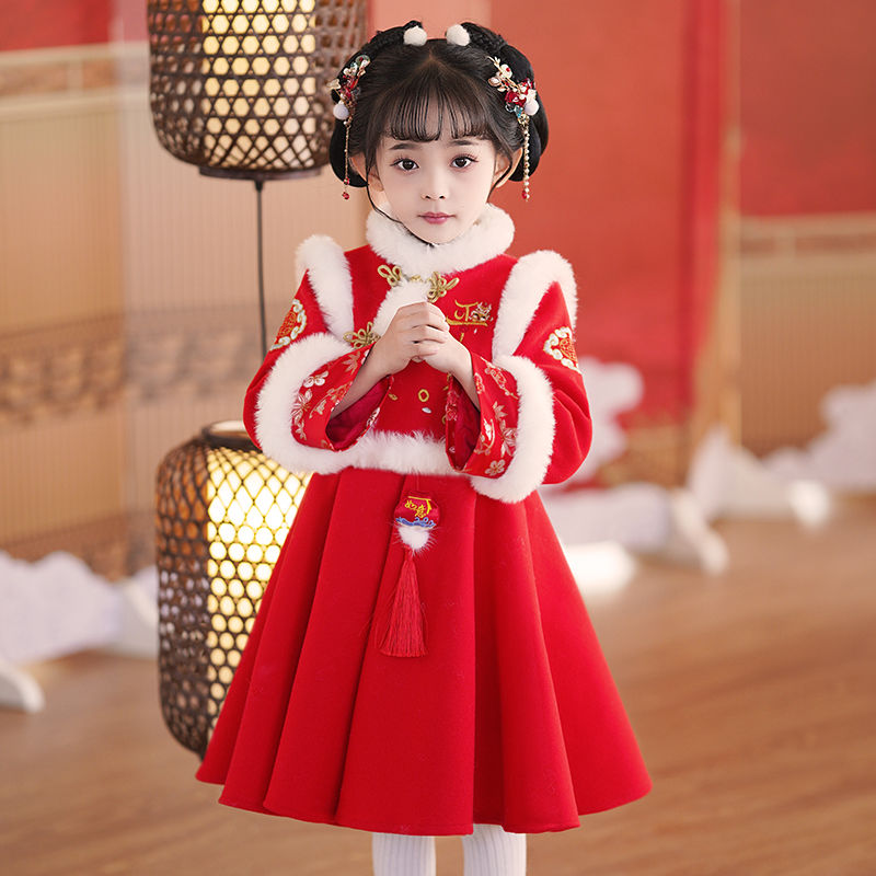 拜年服女童冬季兒童漢服冬款小女孩過年服裝唐裝紅色新年衣服秋冬