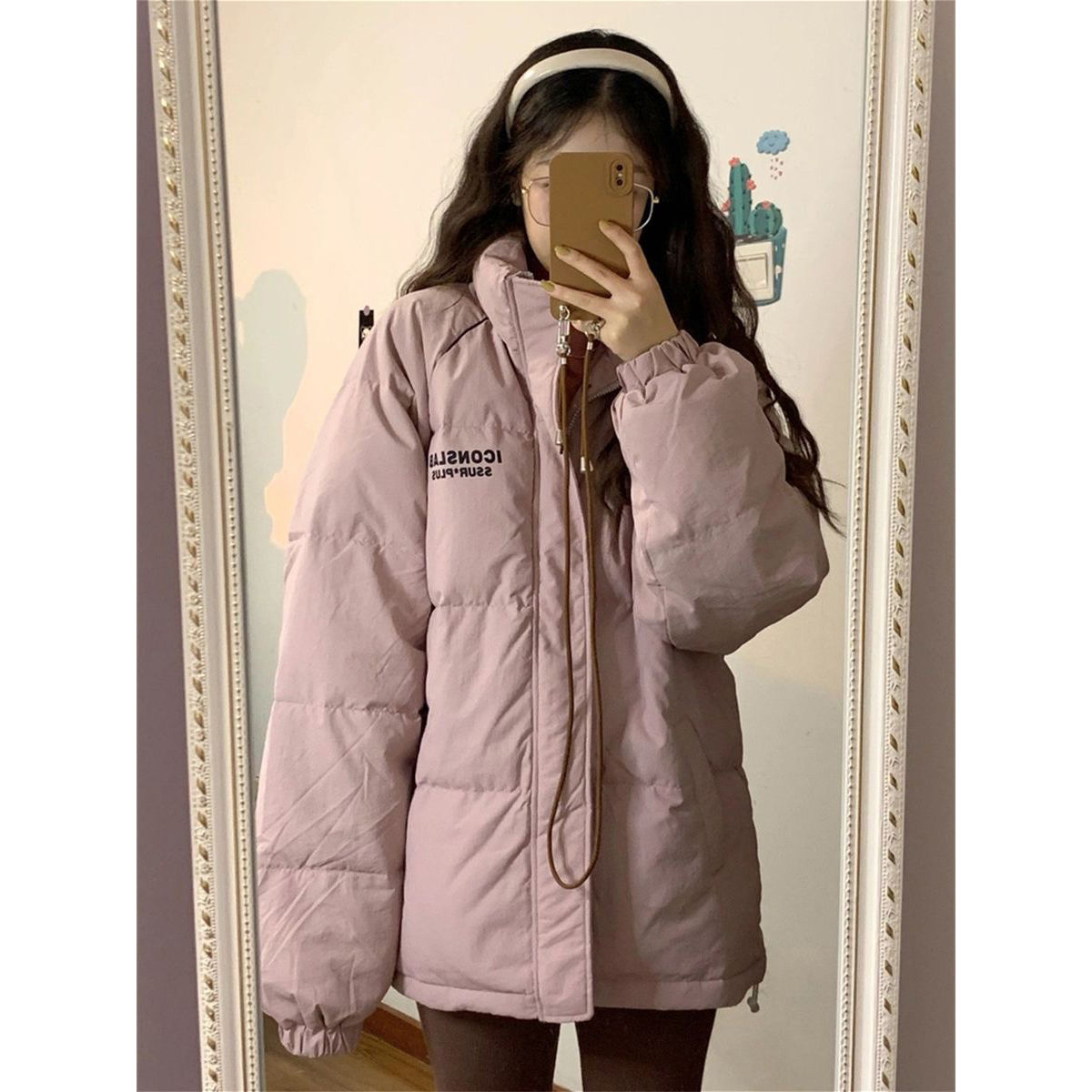 寬鬆粉色立領麵包棉衣冬季ins新款學生加厚字母保暖印花棉服外套