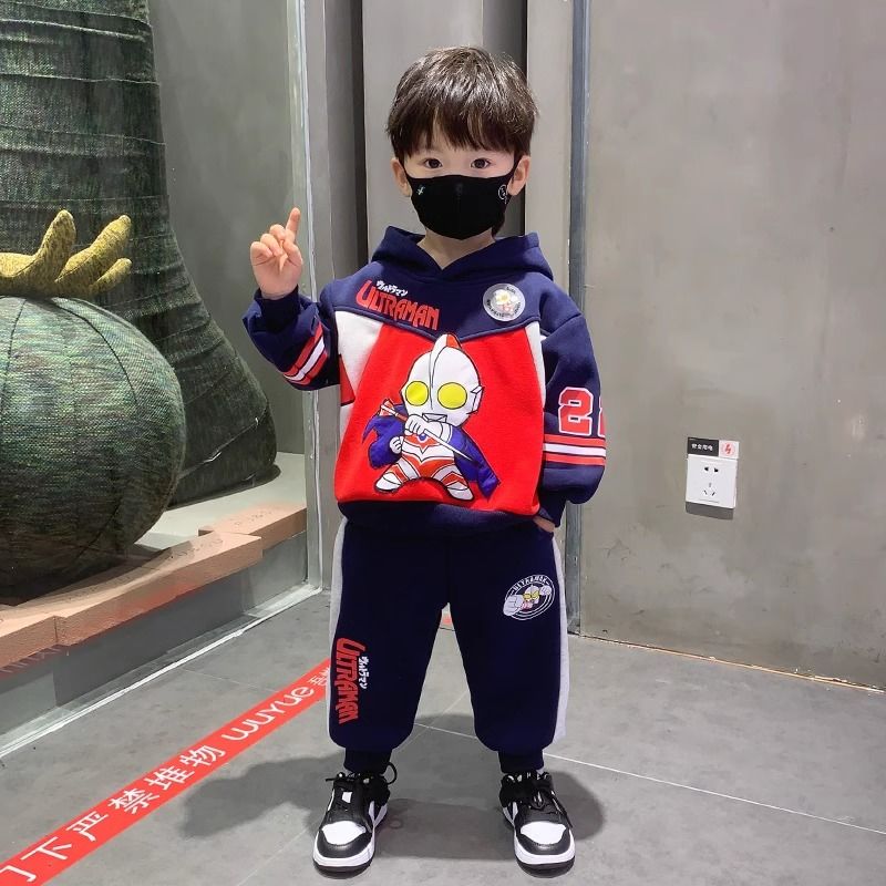 奧特曼童裝男童加絨套裝2023新款秋冬季兒童加厚衣服洋氣男孩痞帥