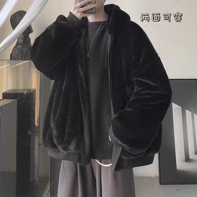 Muszoom港風秋冬季加厚連帽羊羔絨外套男女同款個性ins雙面穿棉襖
