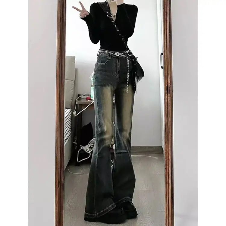 美式復古高個子微喇牛仔褲女秋冬高街顯瘦高腰馬蹄修身拖地褲子潮
