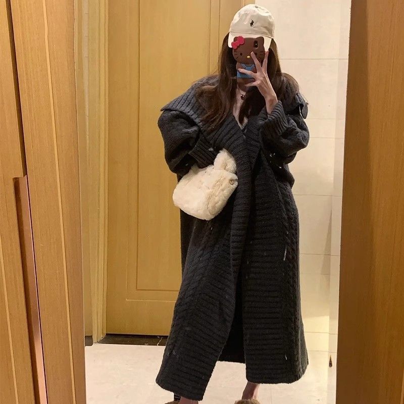 法式時尚慵懶風長款灰色毛衣外套女秋冬新款寬鬆休閒外穿針織開衫