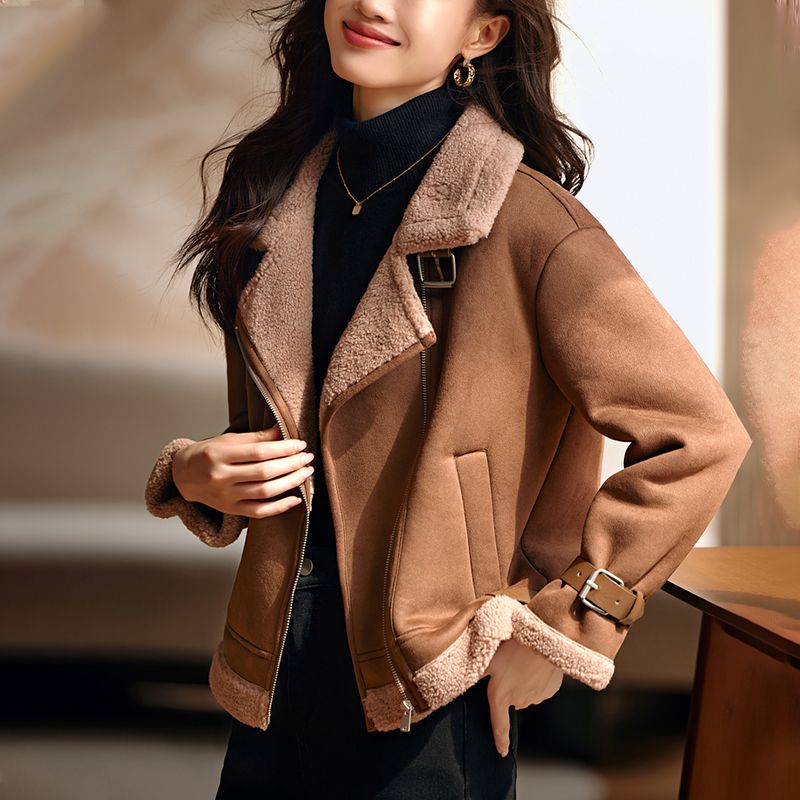 High-end French retro imitation fur all-in-one motorcycle jacket for women 2023 autumn and winter new warm and fashionable jacket