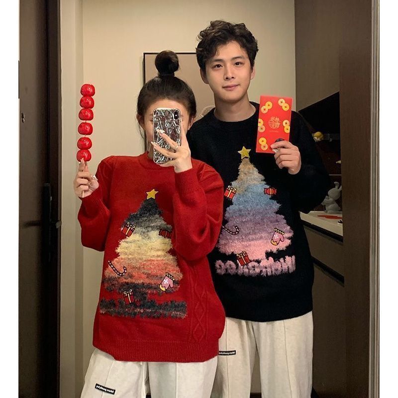 萬梵度聖誕節情侶裝秋冬季紅色聖誕主題毛衣男慵懶2023高級針織衫