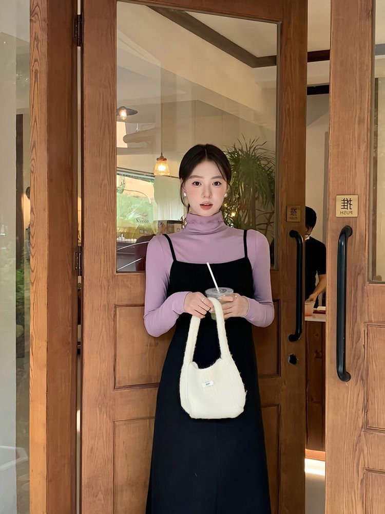 秋冬2023新款氣質甜美小眾設計感高領內搭紫色上衣女長袖打底衫潮