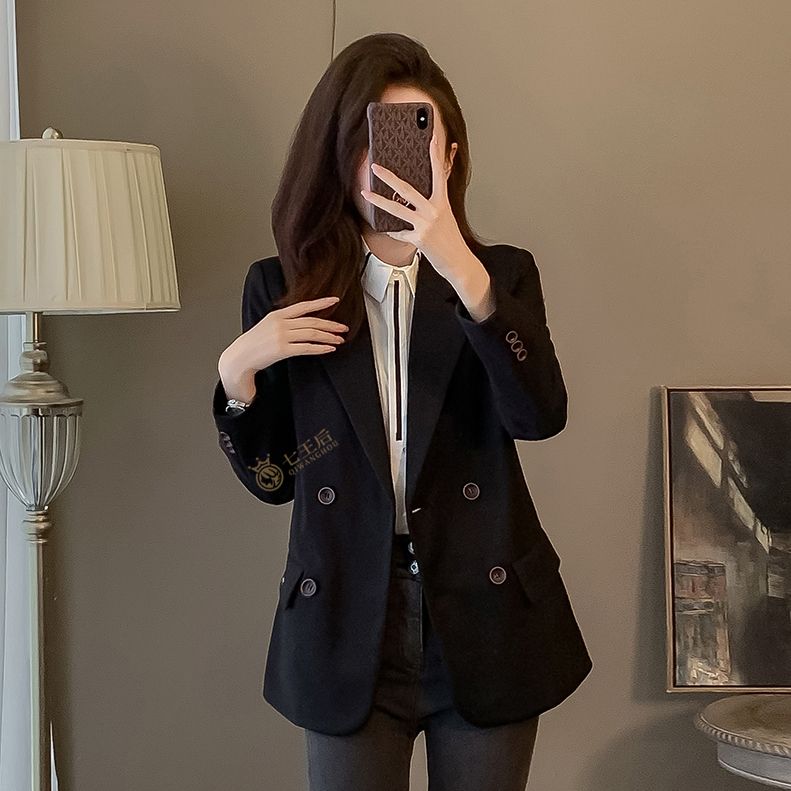 Black quilted suit jacket for women in winter thickened autumn and winter 2024 new double-breasted warm and versatile suit top