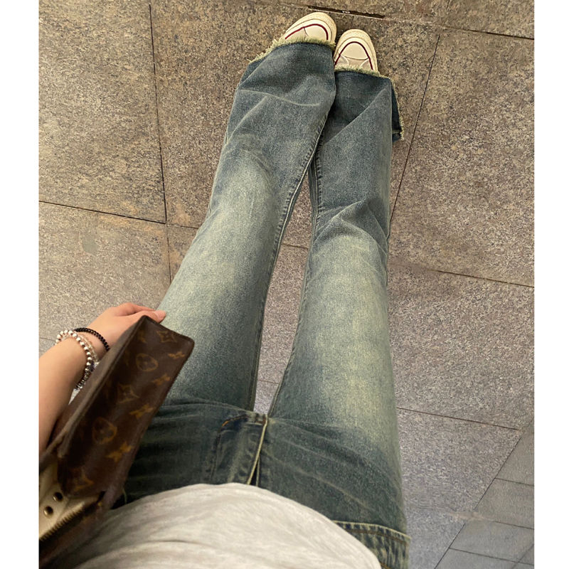 復古毛邊馬蹄牛仔褲女小個子高腰彈力微喇叭褲子修身直筒拖地長褲