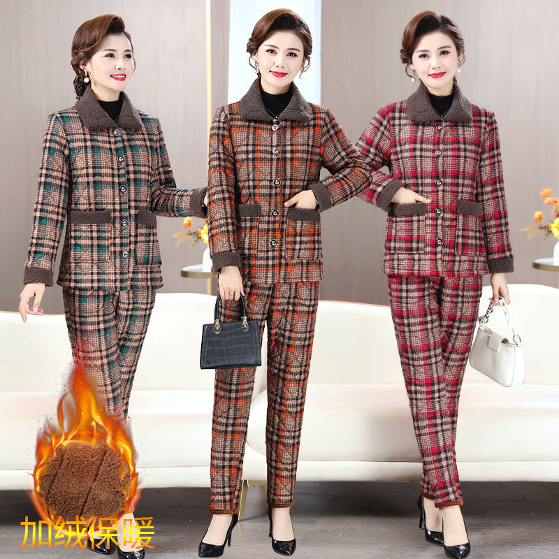 Mom's autumn and winter cotton coat and trousers suit plus velvet to keep warm middle-aged and elderly plaid cotton clothes two-piece set grandma's cotton-padded jacket