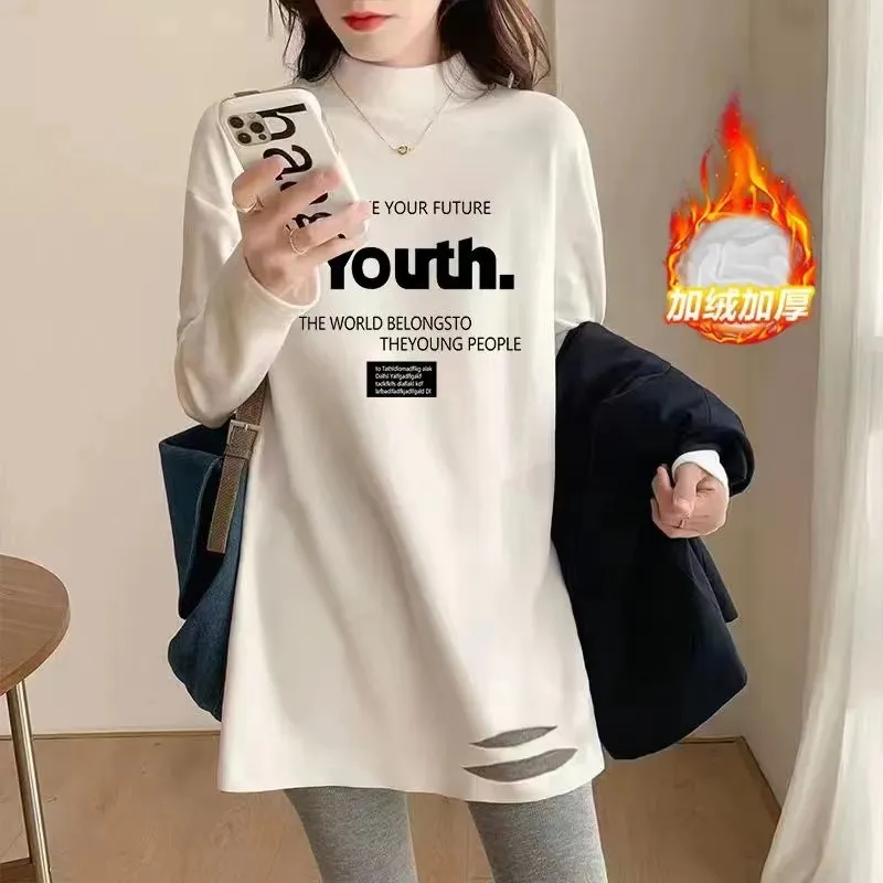 白色新款秋冬純棉長袖T恤女打底衫中長款ins寬鬆半高領加絨上衣女