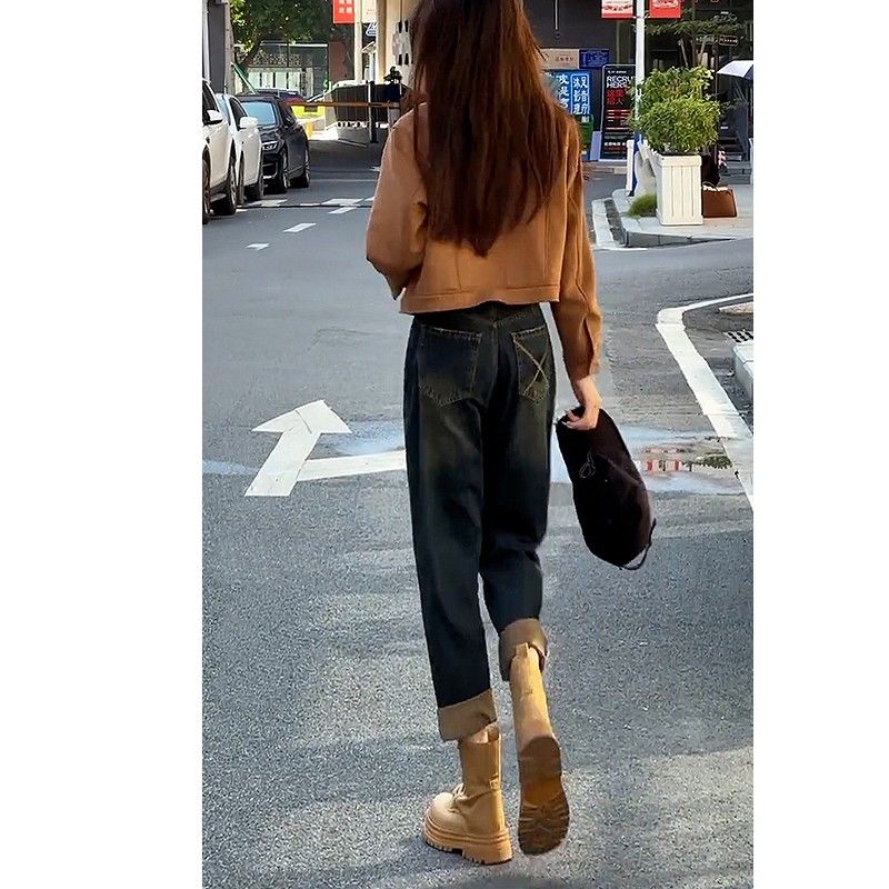 2023秋冬季哈倫牛仔褲女新款美拉德風爆款潮牌加絨加厚高腰老爹褲