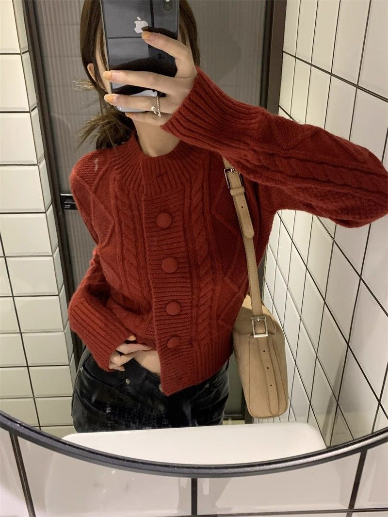 Half turtleneck red twist sweater jacket for women  autumn and winter new style lazy style thickened outer knitted cardigan