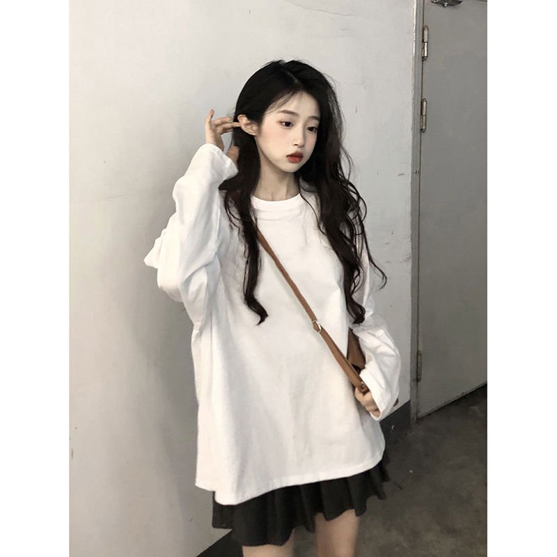 100%純棉白色t恤女長袖圓領寬鬆純棉打底衫韓版2023年秋冬上衣薄