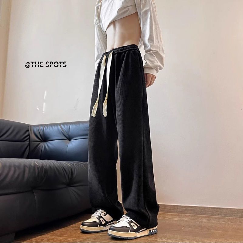 Wanfandu American heavyweight wide-leg pants men's loose straight stretch corduroy pants drapey floor-length casual pants