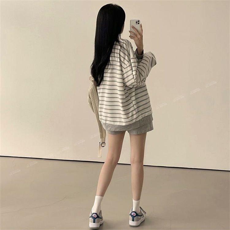 2色 條紋衛衣女2023年新款遮肉女裝寬鬆秋冬加厚加絨上衣薄款韓版