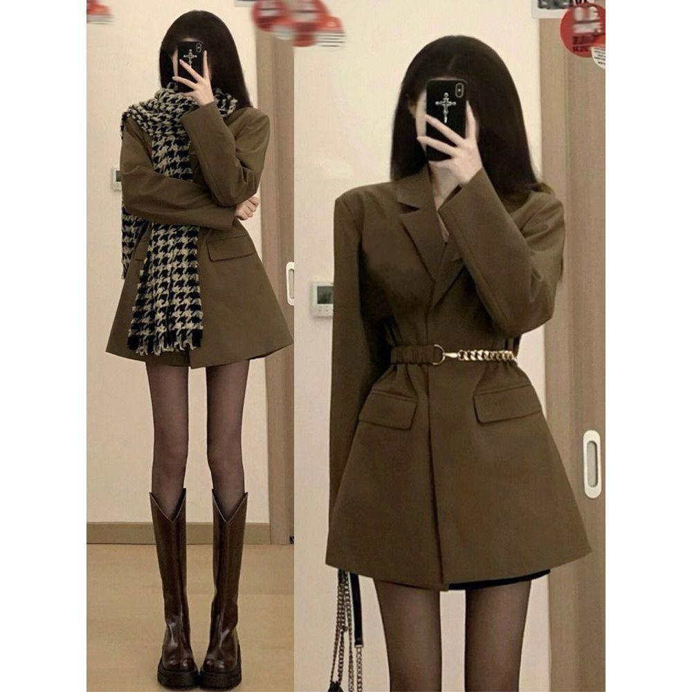 Korean version of mid-length blazer for women, spring new style, light, mature, gentle, small waisted suit top