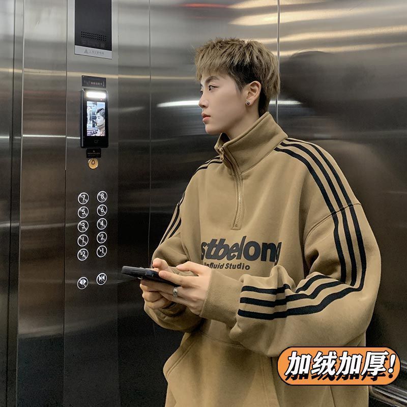 萬梵度加絨加厚半拉鏈立領衛衣男款半高領秋冬款百搭休閒上衣潮牌