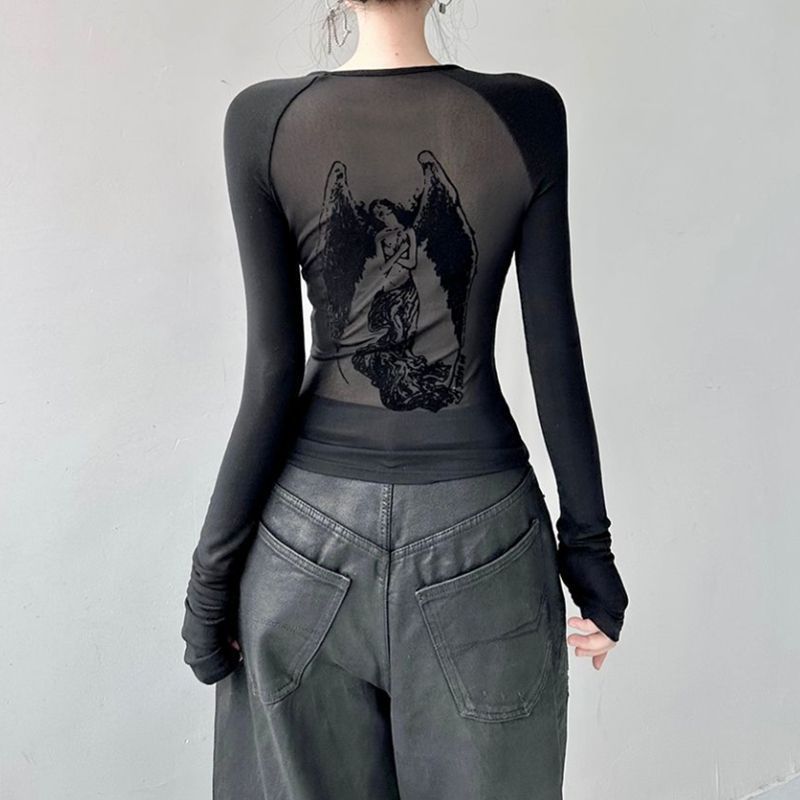 純欲天使印花網紗長袖T恤女秋季韓版修身短款2023內搭甜辣妹上衣