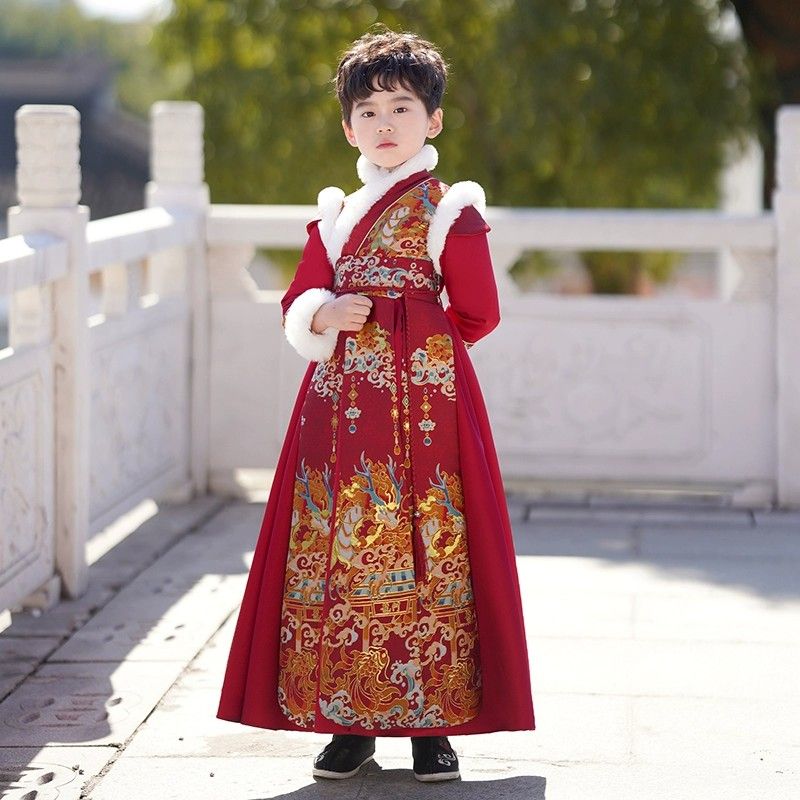 拜年服男童漢服冬季男孩過年服冬款唐裝2024新款古裝兒童加厚冬裝