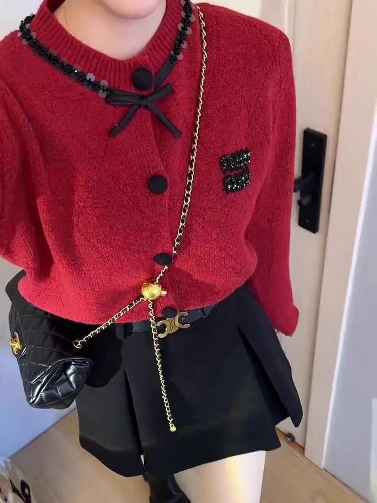 Fashionable red bow outer sweater  new women's autumn and winter short thick knitted cardigan jacket